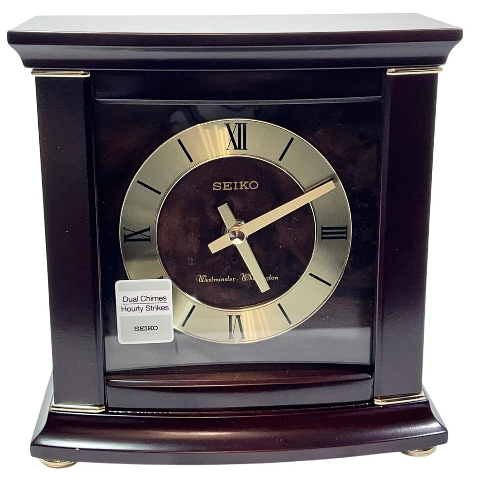 Seiko Dark Brown Wood Gold Mantel Clock Dual Chimes Westminster QXJ030B New